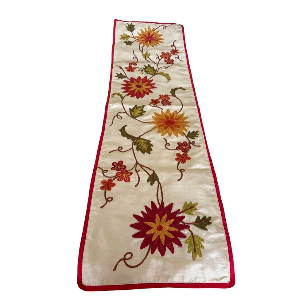Floral Embroidered Table Runner Ivory Red Orange Boho Chain Stitch 13.5